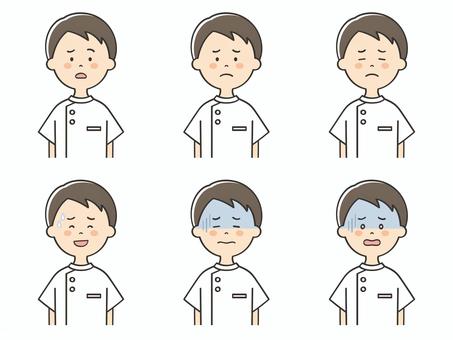男性看護士の困った表情セット 男性看護士の困った表情セット 看護師,看護士,介護士,困る,不安,悩む,落ち込む,焦る,不調,悲しむのイラスト素材