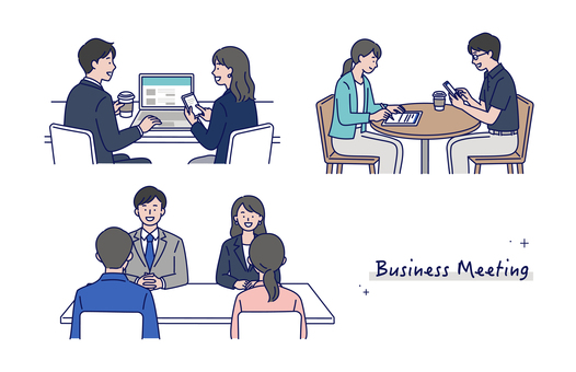 様々なシーンで打ち合わせするビジネス男女 人物,男性,女性,ビジネス,面談,会議,打ち合わせ,話し合い,商談,相談のイラスト素材