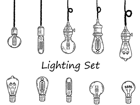 手繪燈飾吊燈套裝, 光, 吊燈, 燈泡, JPG, PNG 和 AI