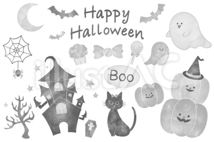 ハロウィン水彩風白黒シルエットイラスト