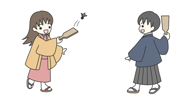 羽根つき　カラー お正月,人物,羽根つき,正月,遊び,着物,こども,男の子,女の子のイラスト素材