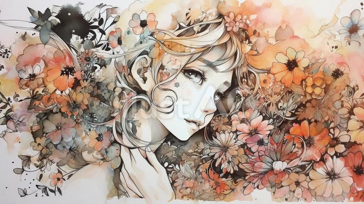 ☆AIアート☆　花と少女の水彩タッチ絵画　額付き ☆AIアート☆ 花と少女の水彩タッチ絵画 額付き ☆AIアート
