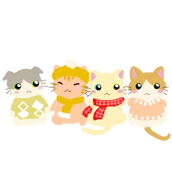 猫の冬服 冬,服,ニット,マフラー,帽子,猫,ゆるい,イラスト,可愛いのイラスト素材