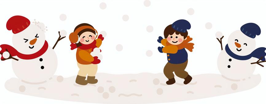 雪だるまと子供が雪合戦 雪だるま,雪,子供,遊ぶ,雪合戦,女の子,男の子,防寒,雪遊び,11月のイラスト素材