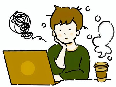 ぼんやりとパソコンを見つめる男性‐緑③ ぼんやり,ぐるぐる,ぐるぐる思考,疲れ,疲労,溜息,ため息,憂鬱,憂うつ,うつのイラスト素材