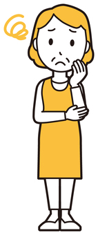  エプロンおばちゃん(黄)-123-全身 困った,おばちゃん,エプロン,お母さん,ママ,中年,おばさん,主婦,人物,かわいいのイラスト素材