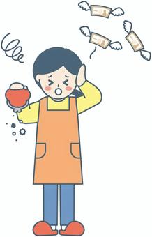 エプロン着た女性⑩ 主婦,お母さん,お金,お札,お財布,赤字,不景気,家計,金欠,節約のイラスト素材