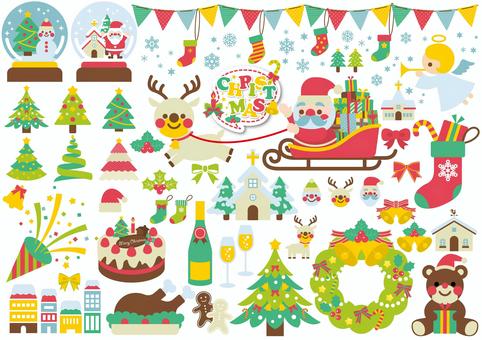 楽しい賑やかなクリスマス　アイコンセット クリスマス,セット,フレーム,サンタクロース,トナカイ,雪だるま,冬,プレゼント,リボン,木のイラスト素材