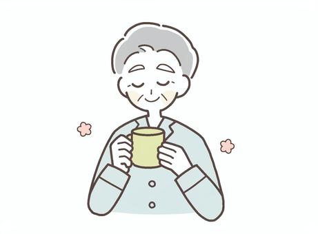 飲み物を飲むパジャマ姿の年配男性 年配,男性,中年,シニア,おじいさん,リラックス,パジャマ,就寝前,寝起き,朝のイラスト素材