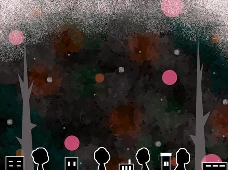 雪が降る町　色違い2 冬,雪,町,背景,光,建物,窓,木,植物のイラスト素材