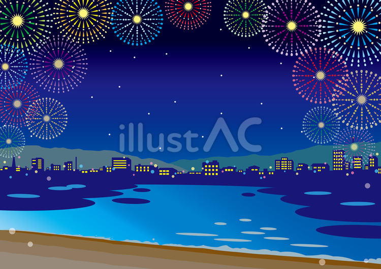 街並みと色々な花火01_25 夏祭り,花火,はなびのイラスト素材