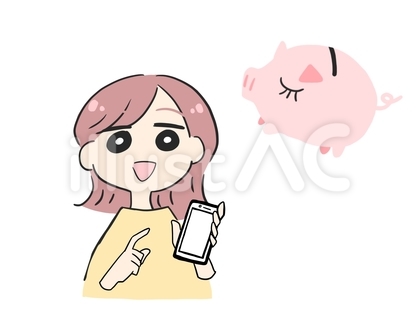 スマホを指差す女性と貯金箱