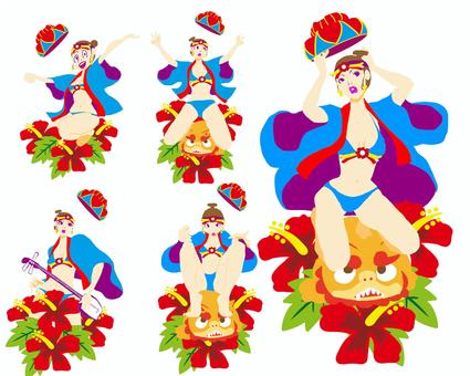 紅型女子セット 舞踊,女性,ポップ,シンプル,かわいい,王族,紅型,琉球王国,伝統衣装,琉球のイラスト素材