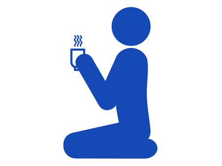 正座してお茶を飲む人のピクトグラム（青） 人,人物,ピクトグラム,全身,お茶,日本茶,喫茶,煎茶,緑茶,湯呑みのイラスト素材