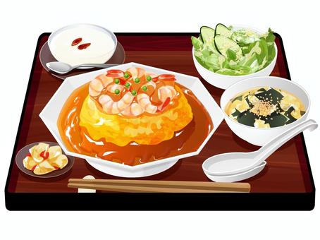 エビ入り天津飯定食 天津飯,定食,中華料理,料理,食べ物,エビ,卵,ご飯,米,ワカメスープのイラスト素材