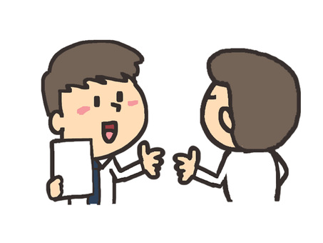 コミュニケーションをとる営業マン コミュニケーション,営業マン,サラリーマン,会話,対話,笑顔,pop調,手描き,挿絵,ワンポイントのイラスト素材