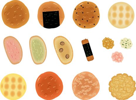 せんべいあられおかきセット せんべい,おかき,海苔,サラダせんべい,ごま,カレーせんべい,唐辛子,ざらめ,揚げ,海苔巻きおかきのイラスト素材