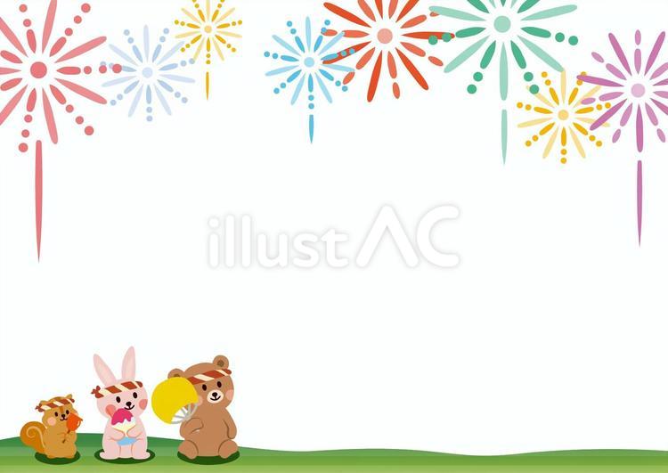 花火を見る動物たち（前）横（背景なし） 花火,フレーム,動物のイラスト素材