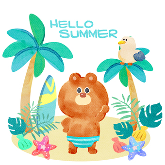 水彩画_Hello Summer_01 熊,動物,手描き,水彩画,水彩,水彩風,水彩画風,夏,はーい,こんにちはのイラスト素材