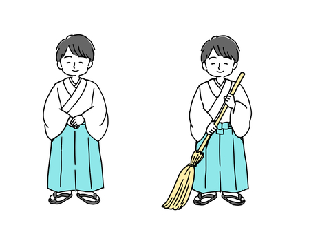 神主さんセット 神主,神社,人物,日本,和服,掃除,男性,箒,神道のイラスト素材