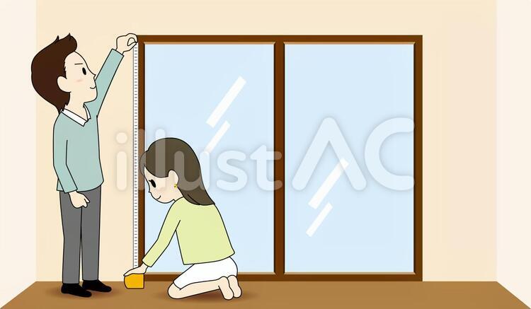 お部屋探し：窓のサイズを採寸するカップル お部屋探し,採寸,引っ越しのイラスト素材