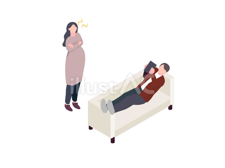 スマホを操作する夫とそれを見てる妊婦の妻 男性,女性,男女のイラスト素材