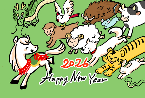 年賀状2026午年干支集合！背景緑Ver