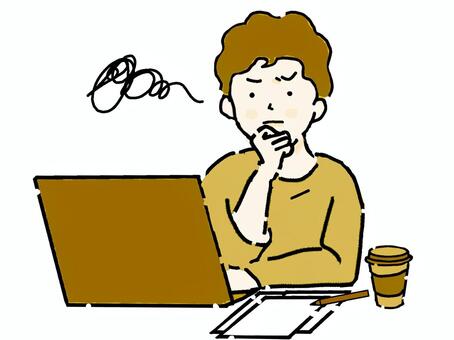 パソコン作業中に考える若い男性-茶色➅ 考える,混乱,悩む,男性,働く,フリーランス,在宅勤務,ぐるぐる思考,ぐるぐる,もやもやのイラスト素材