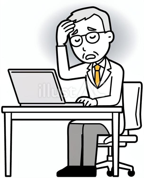  高齢男性医師(黄)-014-全身 パソコン,落ち込む,お爺さんのイラスト素材