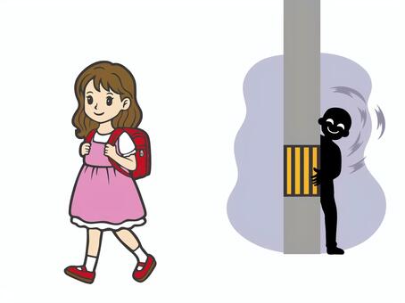 小学生女児に付きまとう不審者 不審者,電柱,小学生,女児,女の子,ストーカー,電信柱,犯罪,子供,登下校のイラスト素材