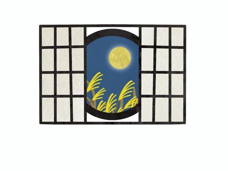和風な月が見える丸窓 窓,和風,障子,月,満月,ススキ,丸窓,素材,装飾,和室のイラスト素材