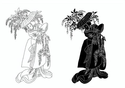 藤娘（線画） 女性,男性,女形,歌舞伎舞踊,日本舞踊,舞踊,人物,藤娘,線画,シルエットのイラスト素材