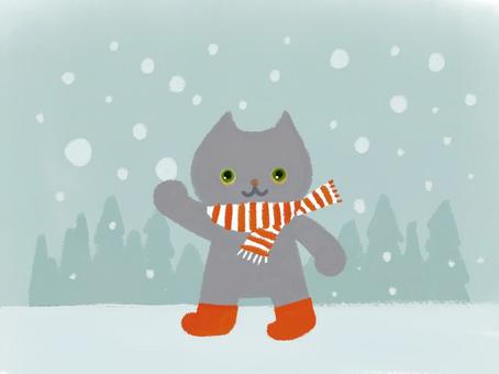 雪景色 雪景色 猫,1匹,マフラー,長靴,赤,散歩のイラスト素材