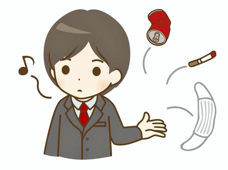 ポイ捨てするスーツの若い男性 デフォルメ,キャラクター,表情,上半身,男性,男子,二十代,三十代,若年,父のイラスト素材
