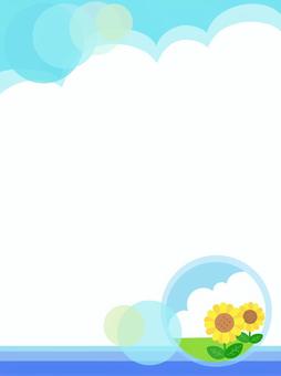ひまわりの風景イラスト 夏,ひまわり,花,植物,雲,入道雲,空,晴れ,光,水色のイラスト素材