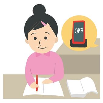 勉強中はスマホを使わない 安全,防犯,スマートフォン,机,ノート,鉛筆,上半身,ピンク色,黄色,黒色のイラスト素材