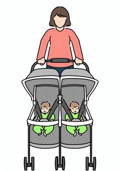 双子の赤ちゃんベビーカーおす女性　カラー 赤ちゃん,ベビーカー,双子,女性,母親,カラーのイラスト素材