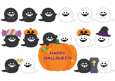 ハロウィンおばけ素材セット ハロウィン,おばけ,色違い,白,黒,帽子,花,素材セットのイラスト素材