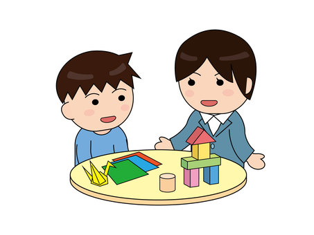 プレイセラピーを受ける男の子 プレイセラピー,面談,カウンセリング,子供,先生,教師,カウンセラー,職員,女性,少年のイラスト素材