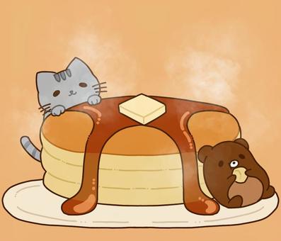 美味しそうなホットケーキ ホットケーキ,湯気,かわいい,バター,メープルシロップ,くま,猫,お皿,ほかほかのイラスト素材