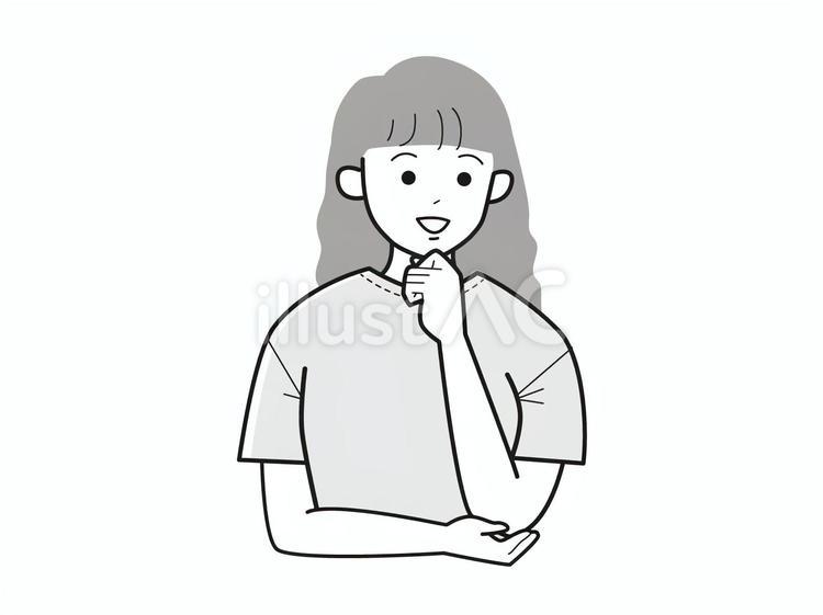 顎に手を当て笑顔の若い女性／白黒 女性,女子大生,大学生のイラスト素材