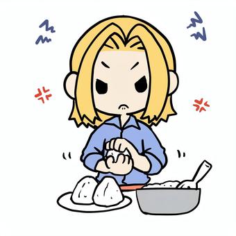 おにぎりを握る怒る金髪女性 金髪,怒る,おにぎり,握る,おむすび,家事,イライラ,むかむか,ストレス,不満のイラスト素材