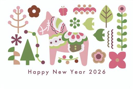 2026午年賀状151ダーラナホース横4 午,年賀,正月,ダーラナホース,はがき,北欧風,年賀状,午年,2026,文字のイラスト素材