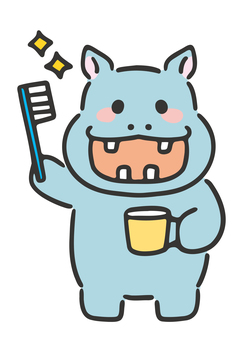 歯磨きするカバのイラスト01 カバ,歯磨き,生き物,生物,河馬,動物,歯科,清潔,健康,病院のイラスト素材
