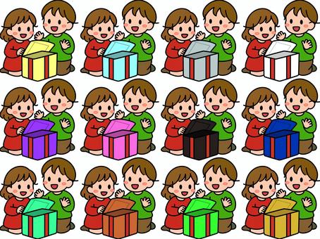 プレゼント箱を開ける子供たちです。 プレゼント,シンプル,ギフト,喜ぶ,受け取り,サプライズ,笑顔,贈り物,手渡し,お祝いのイラスト素材