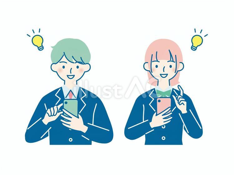 スマホを見てひらめく高校生男女 人物,高校生,男子のイラスト素材