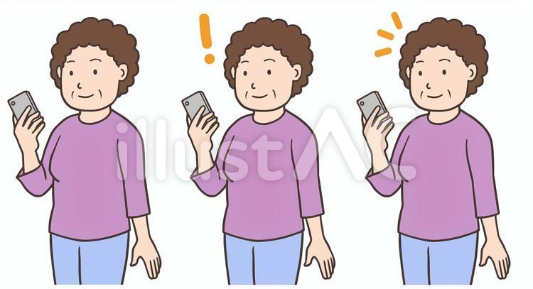 スマホを見る中年女性、シニア、おばちゃん スマホ,見る,操作のイラスト素材