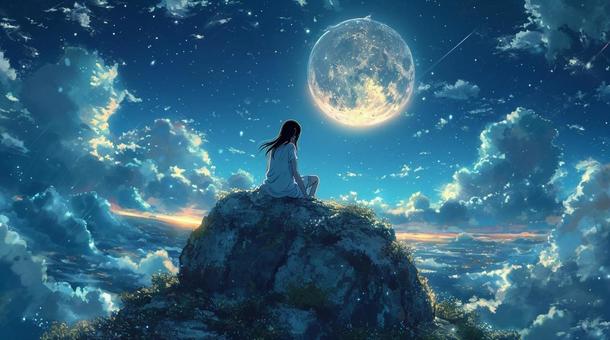 Girl in the Moonlit Night 3, month, full moon, night sky, JPG