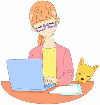 在宅ワーク ノートパソコン,在宅ワーク,女性,大人,犬,ペット,眼鏡,テーブル,室内,資料のイラスト素材