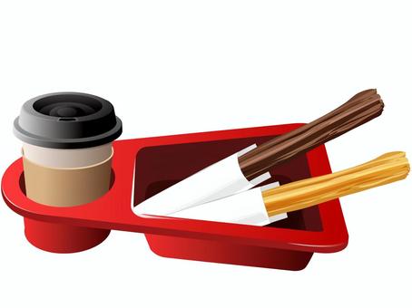 映画館のチュロスとホットドリンク チュロス,ホットドリンク,映画館,トレイ,料理,食べ物,お菓子,チョコ,飲み物,カップのイラスト素材